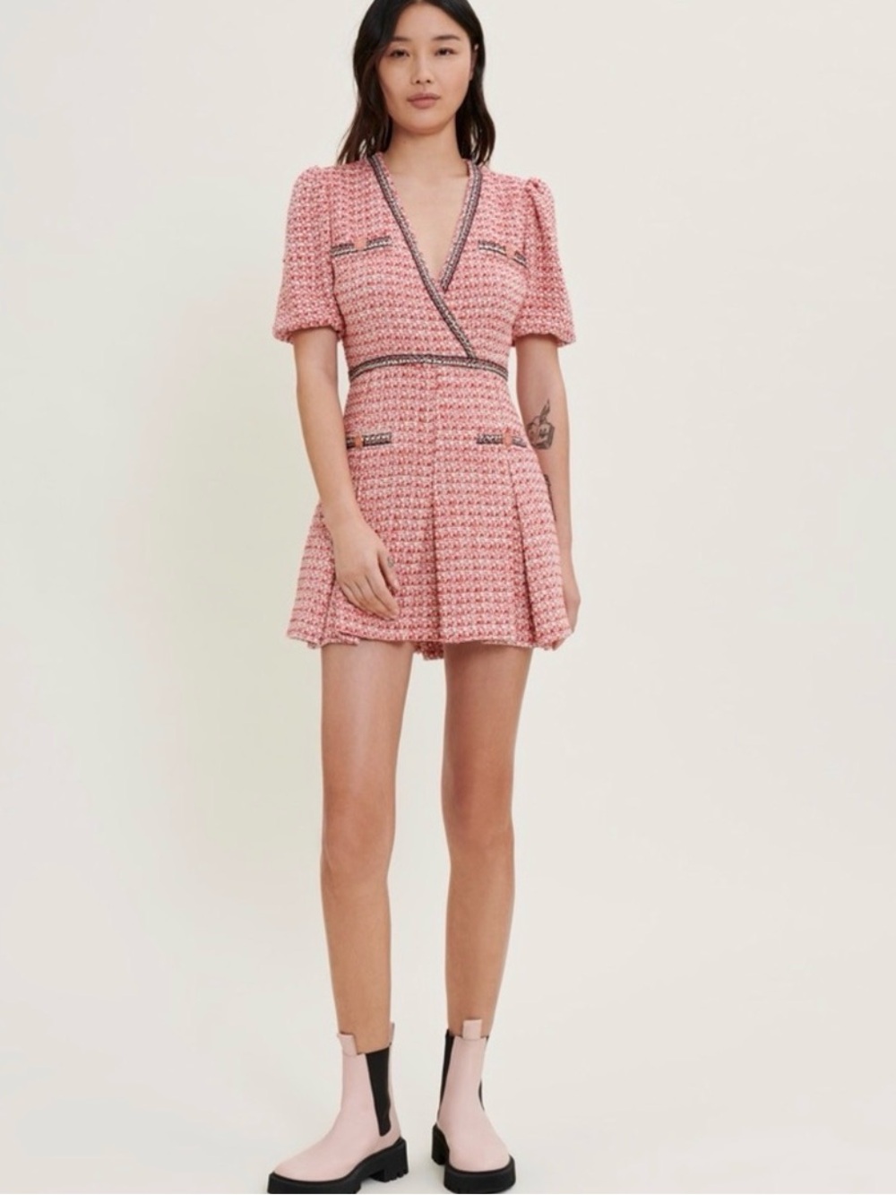 Maje Pink Tweed Wrap-Style Mini Dress with Contrast Trim